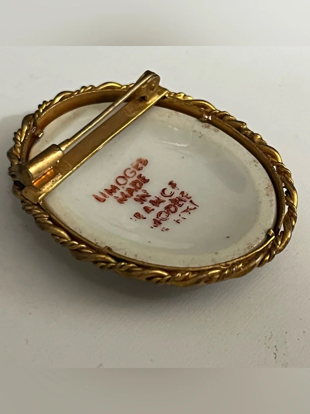 Limoges France Brooch Mahatma Gandhi Porcelain Hand-Painted, Gold Gilt Frame